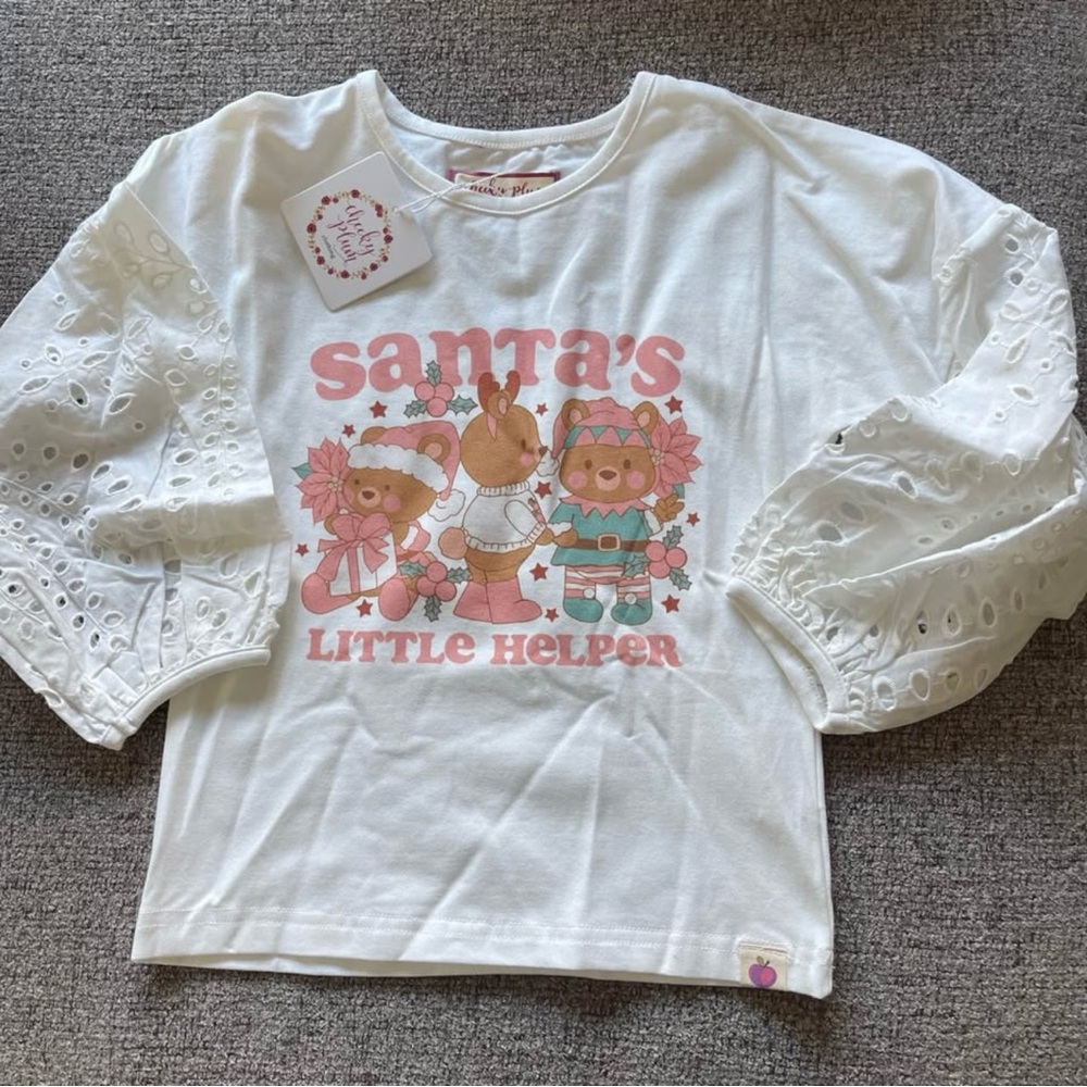 Cheeky Plum Santa's Little Helper Vintage Bear Print Long Sleeve Christmas Shirt